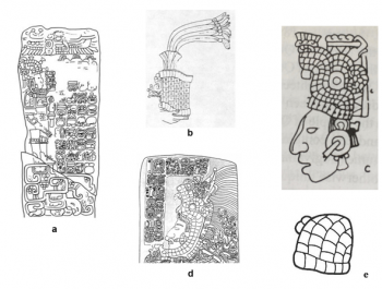 Figure 5: The shell platelet helmet in Maya iconography, showing varied synthesis of Teotihuacán military technology with Maya artistic canons. (a): Stela 2 from the Highland site of Tres Islas, AD 475 (b): a platelet helmet presented to K’inich Janaab Pakal I on the Oval Palace Tablet, Palenque, AD 615 (c): from an unnamed figure on a recently discovered Late Classic monument, Palenque (d): Stela 9 from Lamanai, AD 625 (e): an example of a Ch’olti’ logographic glyph reading ko’haw, “helmet” (Figures adapte